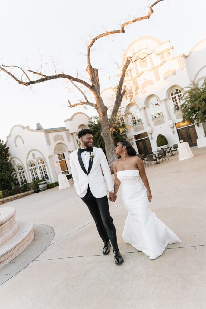 Elegant wedding portrait outside Morais Vineyards venue
