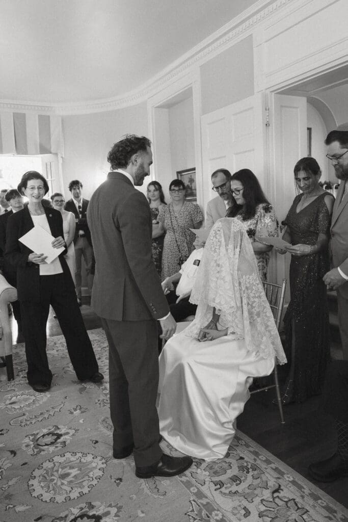 Veiling moment during Jewish wedding traditions at Belmont Manor MD