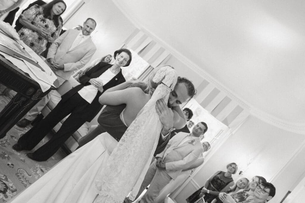 Emotional first look of bride and groom during a Jewish wedding