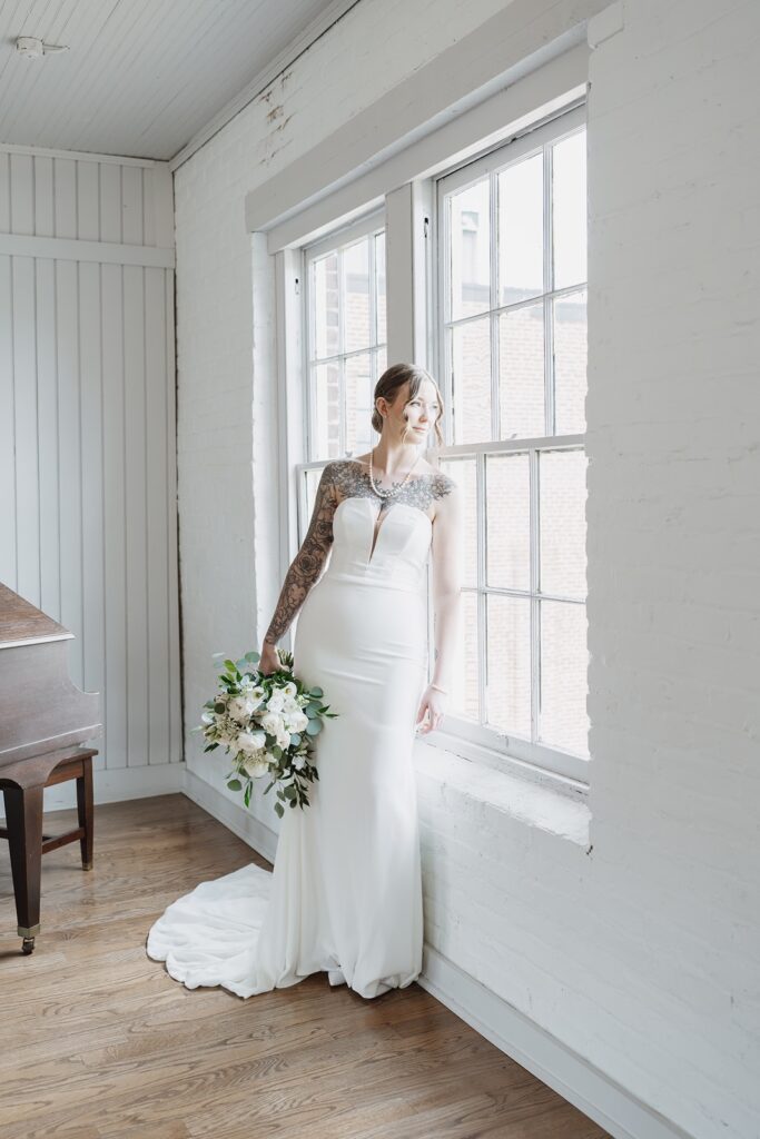 Bridal portrait before her wedding at The Woolen Mill.