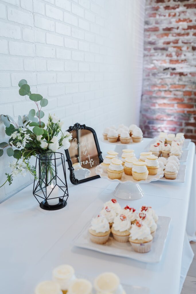 Desserts table decor at The Woolen Mill wedding reception in Fredericksburg, VA.