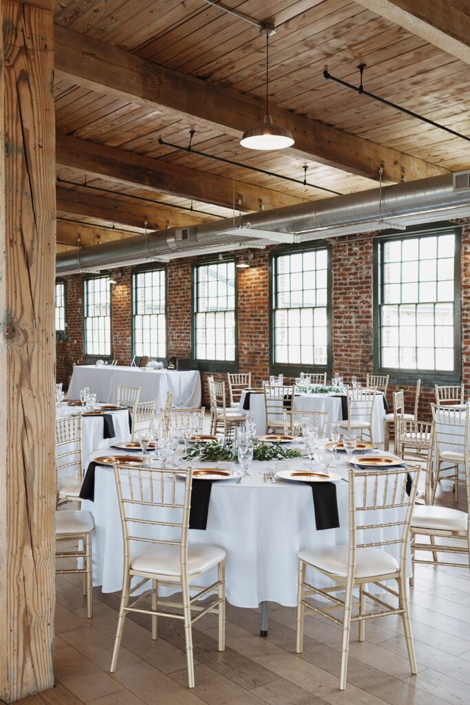 Elegant reception decor at The Woolen Mill in Fredericksburg, Virginia.