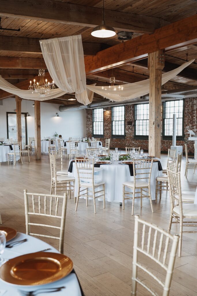 Reception table details at The Woolen Mill wedding venue.